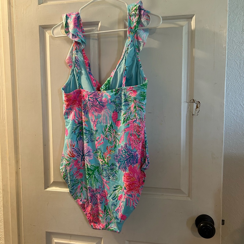 Lilly Pulitzer Aqua One-Piece Swimsuit with Pink & Green Tropical Print - Picture 2 of 2